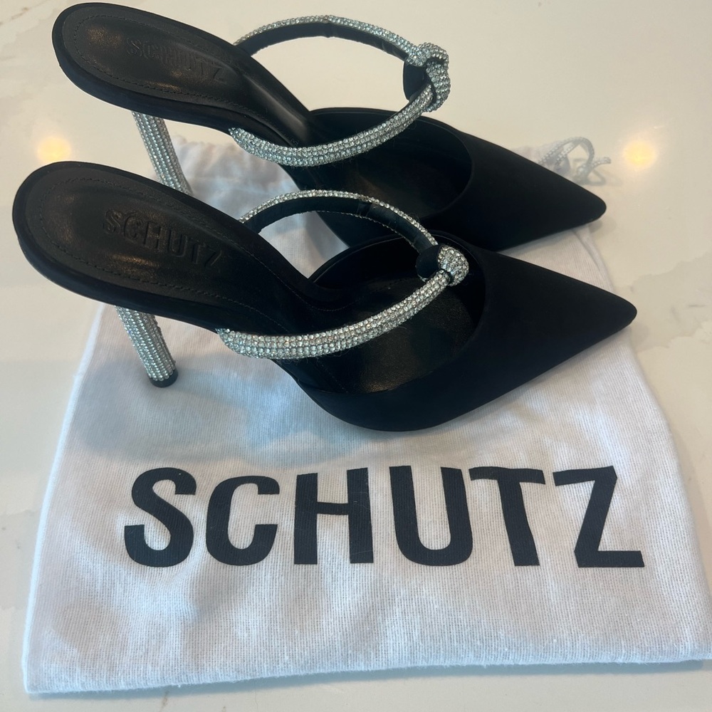 SCHUTZ Black Pointed Toe Heels with Crystal Knot Straps